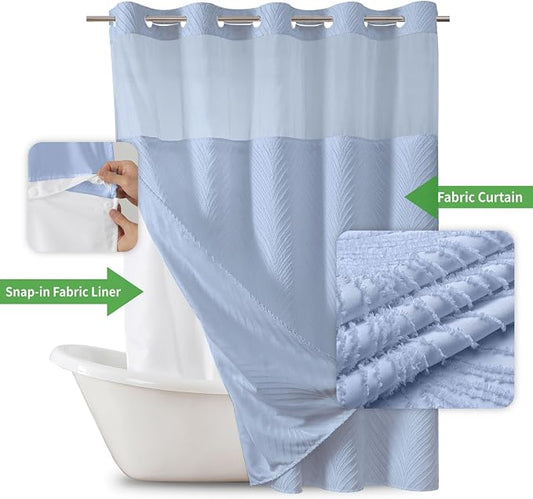 eachope no Hook Shower Curtain and Liner Set，Boho Style with See Through Top Window, Blue Fabric Tufted Striped Textured Outer Curtain & Waterproof Inner Liner, FrostBlue, 71Wx86H
