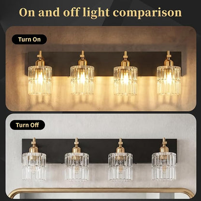 ocioc 4-Light Bathroom Lighting Fixtures Over Mirror,29 Inch | Modern Black and Gold Wall Lamp with Clear Crystal Glass Shades, Dimmable E26 Base, for Bedroom Mirror Hallway