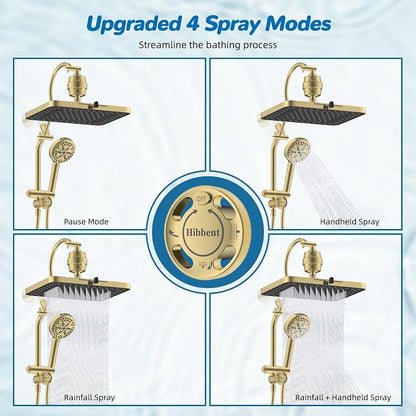 Hibbent 5-spray Dual Filtered Rainfall Shower Head with 10 Spray Handheld | High Pressure 13'' Showerhead Combo, Easy Reach 4-way Diverter Arm with Pause Mode, 71'' Hose & Holder, Brushed Gold