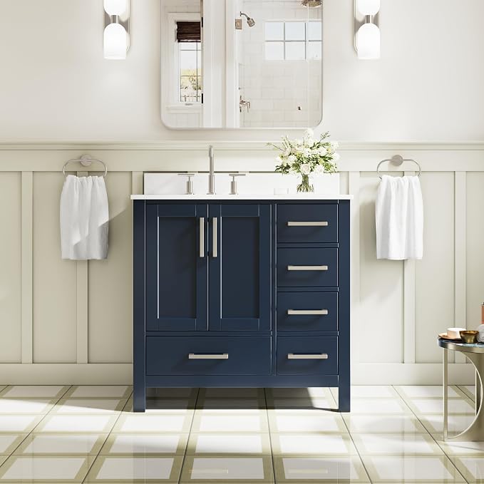 36-Inch Bathroom Vanity with Sink, 2 Soft-Close Doors and 5 Soft-Close Drawers, Bathroom Freestanding Vanity with Cultured Marble Countertop, Navy Blue Vanity with Brushed Nickel Handles