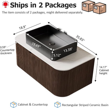 36" Floating Bathroom Vanity with Sink, Wall-Mount Bathroom Cabinet with Balck Rectangular Ceramic Basin and Marble Top, Large Storage Drawer, Soft-Close Design, Dark Walnut