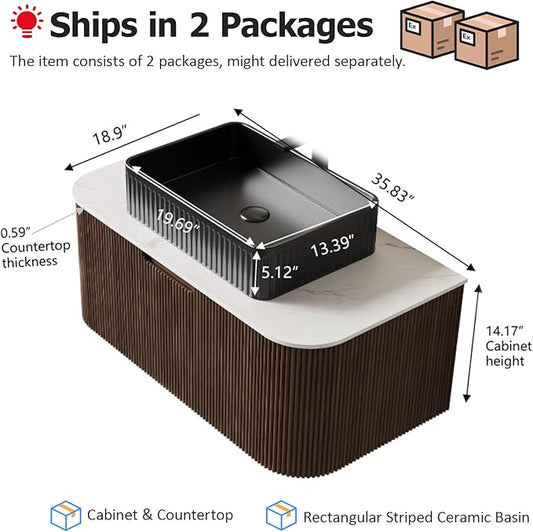 36" Floating Bathroom Vanity with Sink, Wall-Mount Bathroom Cabinet with Balck Rectangular Ceramic Basin and Marble Top, Large Storage Drawer, Soft-Close Design, Dark Walnut