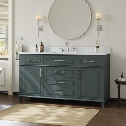 60 Inch Bathroom Vanity with Sink, Fully Assembled, Green | Solid Wood Single Sink Bathroom Vanity, Modern Bathroom Sink Cabinet, Soft Close Doors & Dovetail Drawers, 0.78" Stone Top