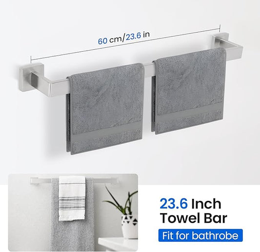 FAHKNS 10 PCS Bathroom Hardware Accessories Set 23.6 Inch Stainless Steel Bath Towel Bar Set Square Towel Ring Set for Bathroom Wall Mounted, Silver