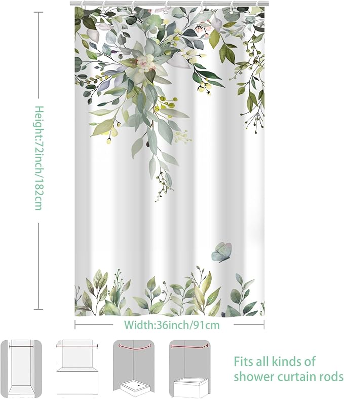 Sage Green Floral Eucalyptus Shower Curtain with Hooks, 36x72 Inch | Waterproof Fabric, Watercolor Leaves and Floral, Botanical Style, Machine Washable, Quick-Drying, for Hotel Bathroom