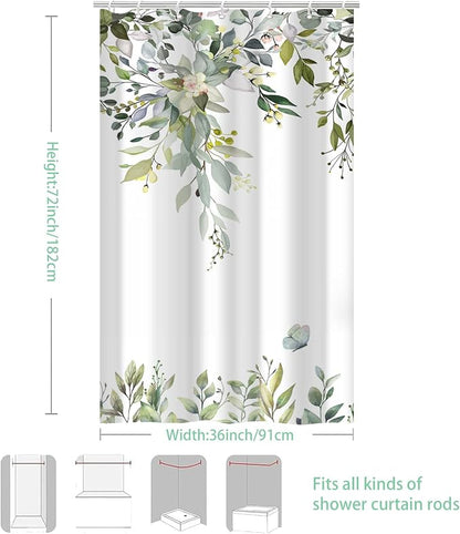Sage Green Floral Eucalyptus Shower Curtain with Hooks, 36x72 Inch | Waterproof Fabric, Watercolor Leaves and Floral, Botanical Style, Machine Washable, Quick-Drying, for Hotel Bathroom