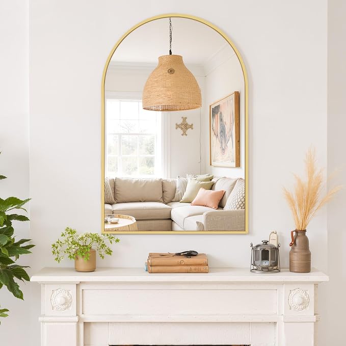 Arched Wall Mirror 38x26 Inch Gold Bathroom Vanity Mirror with Metal Frame | Modern Arch Mirror for Bedroom, Living Room, Entryway, Wall Mounted Decorative Mirror