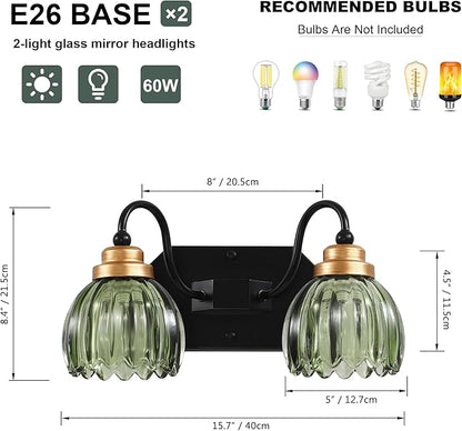 Vintage Bathroom Vanity Light, 2 Light Bathroom Lighting Fixtures Over Mirror, Mid Century Style Farmhouse Light Fixtures with Green Glass Shades, Black Finish Wall Mount for Bedroom , Living Room