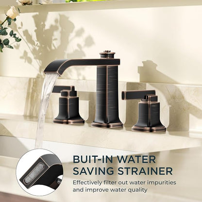 FORIOUS Bathroom Faucet 3 Hole Widespread Sink Faucets Oil Rubbed Bronze | 3-hole 4-12 Inch Widespread Sink, Square Waterfall Spout, with Drain and Hoses,for Vanity Rv Commercial Lavatory Restroom