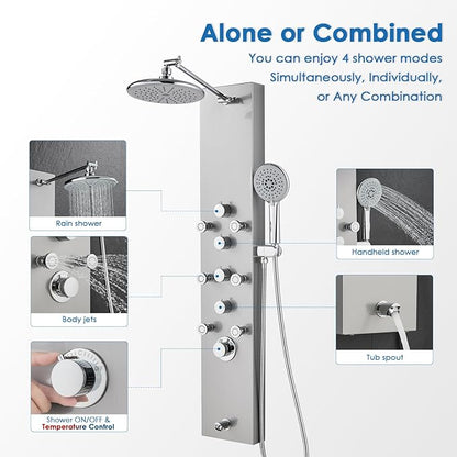 ROVOGO Shower Panel Tower System - Use 4 Functions at the Same Time: Rain Shower, Handheld, Body Jets and Tub Spout, 304 Stainless Steel Shower Column with Adjustable Head, Brushed