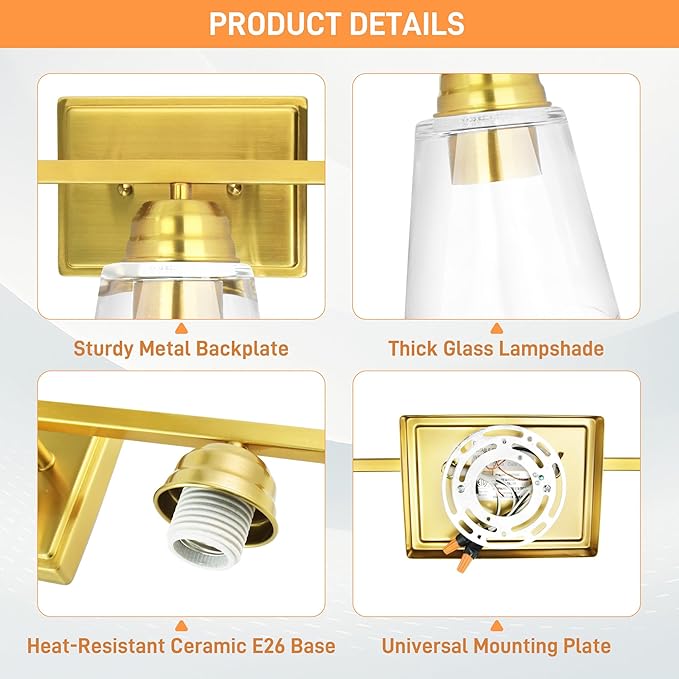 hykolity 3-Light Vanity Light Fixture, 5-Piece All-in-One Bathroom Set with Towel Bar, Ring, Robe Hook & Toilet Paper Holder for Bathroom Mirror Lighting, Gold Wall Light with Glass Shade