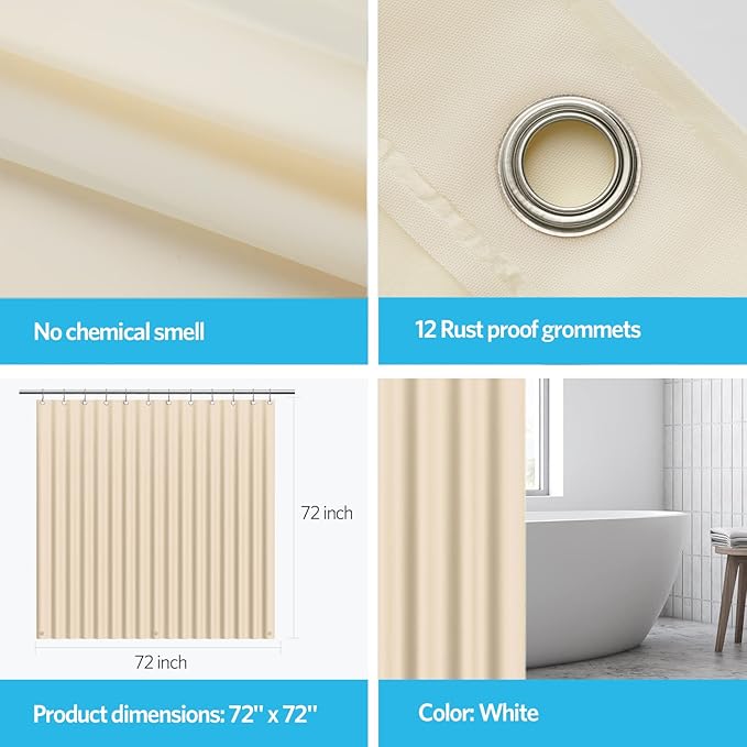 EHZNZIE Shower Curtain Liner Light Weight PEVA, Shower Liner 72x72 Inches, Waterproof, No Chemical Smell with 12 Rust Proof Metal Grommets for Bathroom Shower Curtain, Beige