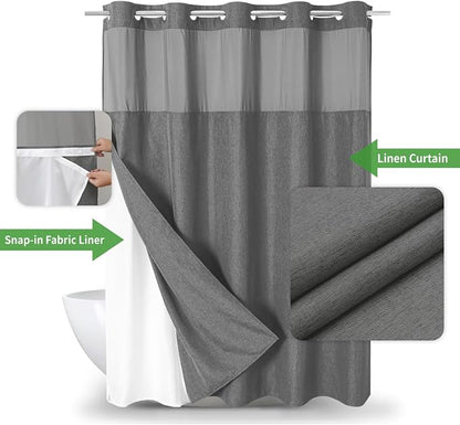 eachope No Hook Fabric Shower Curtain with Snap-in Liner,71x74Charcoal Grey | Linen Texture,230GSM Thick Fabric,Hotel Luxury Decor,Mesh Window,Bottom magnetic ,Waterproof & Machine Washable,for Bathroom