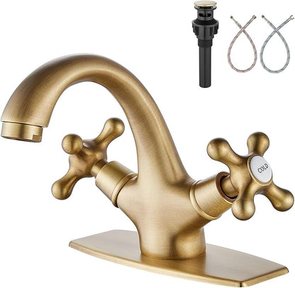 Aolemi Bathroom Sink Faucet Single Hole Cold and Hot Double Handle Cross Knobs Vanity Vessel Sink Basin Mixer Tap with Deck Cover Plate with Pop Up Drain Antique Brass