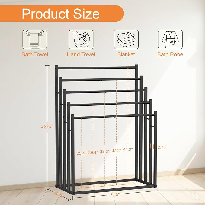 Honiter Towel Racks for Bathroom, 5 Tier Wide Towel Drying Rack Outdoor, Free Standing Towel Rack, Pool Towel Blanket Stand and Display Rack for Oversized Bath Towels