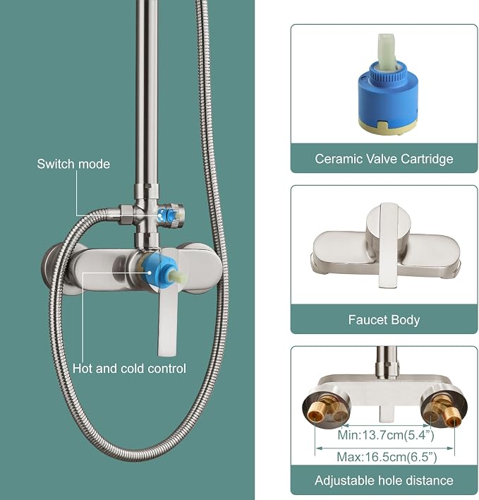 Heyalan Exposed Shower System, 8 Inch Rain Head, Handheld,Brushed Nickel | Exposed shower system with 8 inch rain head, handheld sprayer, single handle control, and complete wall-mounted setup.