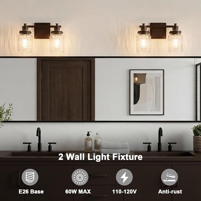 2 Light Bathroom Vanity Light Fixtures Farmhouse Oil Rubbed Bronze | ETL Certificate, Easy to Install,Wall Mount Up or Down,Hammered Glass Lampshade,E26 Socket,Hardwired,120V