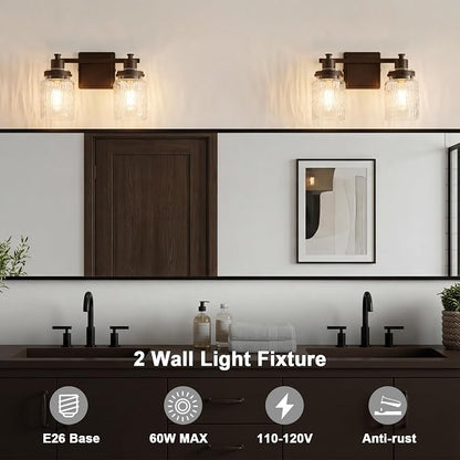 2 Light Bathroom Vanity Light Fixtures Farmhouse Oil Rubbed Bronze | ETL Certificate, Easy to Install,Wall Mount Up or Down,Hammered Glass Lampshade,E26 Socket,Hardwired,120V