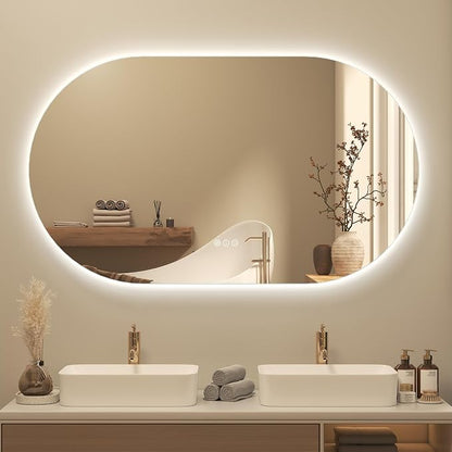 OKPAL Backlit Oval Lighted Bathroom Mirror with Lights 48 x 30, Pill-Shaped LED Mirror for Bathroom Wall, Anit-Fog, Dimmable, Memory, Tempered Glass, UL (Horizontal/Vertical)