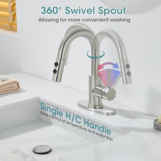 Brushed Nickel Bathroom Faucet with Pull Down Sprayer, Single Hole Bathroom Faucet with Pop-up Drain and Flexible Hoses, 1 Handle Sink Faucets for Vanity, Modern Farmhouse, Vanity, Restroom