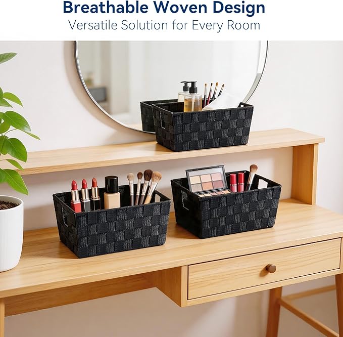 Whitmor Small Woven Storage Baskets for Shelves - Decorative Organizer Bins with Metal Structure, Versatile Shelf Storage Solution for Home Organization & Closet (Black)
