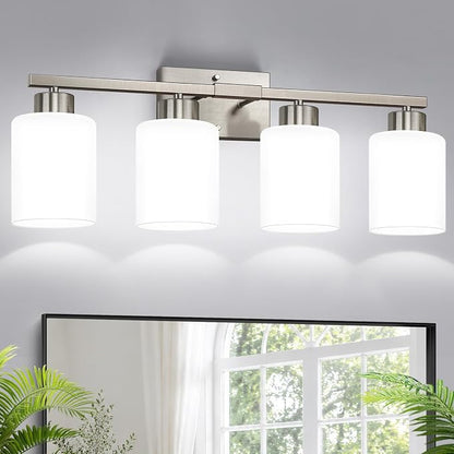 Brushed Nickel Bathroom Light Fixtures with Milk Glass Shades, Eye-Friendly 4 Light Vanity Lights for Bathroom, Vanity Lights with E26 Socket (Bulbs Not Included), for Mirror, Bedroom, Hallway