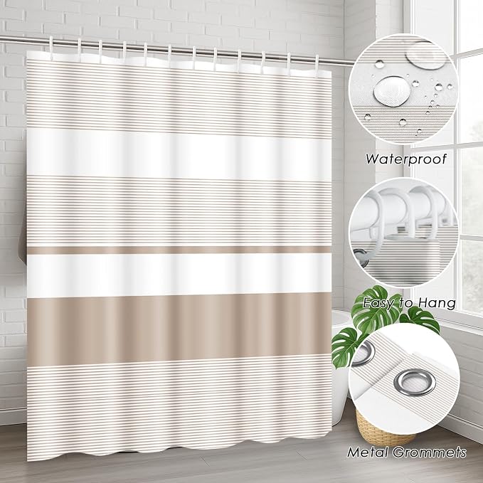 Bathroom Sets with Shower Curtain and Rugs, 4 Pcs, Abstract Striped | Modern Beige Simple Bathroom Decor Set with Toilet Lid Cover, Non-Slip Bath Mats and Accessories 12 Hooks