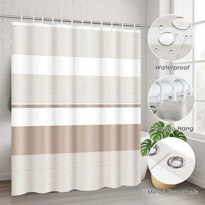 Bathroom Sets with Shower Curtain and Rugs, 4 Pcs, Abstract Striped | Modern Beige Simple Bathroom Decor Set with Toilet Lid Cover, Non-Slip Bath Mats and Accessories 12 Hooks