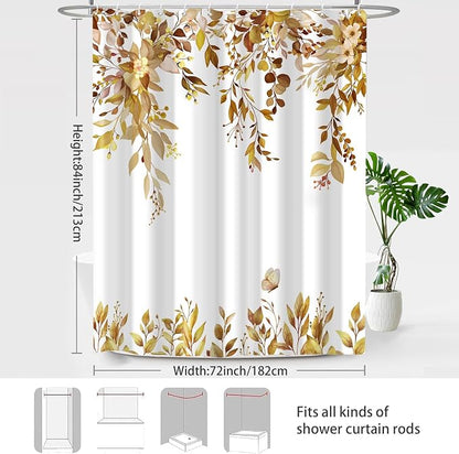 Brown Floral Eucalyptus Shower Curtain with Hooks, 72x84 Inch | Waterproof Fabric, Watercolor Leaves and Floral, Botanical Style, Machine Washable, Quick-Drying, for Hotel Bathroom