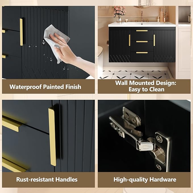 LUMISOL 36" Black Floating Vanity Bathroom with Sink, Wall Mounted Bathroom Vanity with 2 Doors & 2 Drawers, Modern Bathroom Storage Cabinet with Undermount Sink & Countertop, Gold Handles