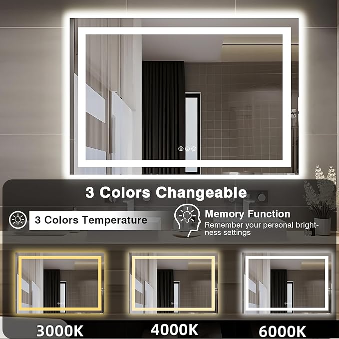 EchosLife 51"x40" Bathroom Light up Mirror | Backlit + Front Lit, Anti-Fog, Stepless Dimmable, 3 Colors, Memory, Tempered Glass, UL Listed, Horizontal/Vertical