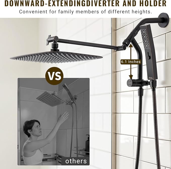 G-Promise 14 Inch Metal Rain Shower Head with Handheld (Oil Rubbed Bronze) | Suits Every Height, Pause Mode Diverter, Massage Mode Handheld, Full Body Coverage, Easy to Install, Modern Bath Upgrade