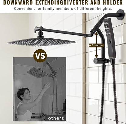 G-Promise 14 Inch Metal Rain Shower Head with Handheld (Oil Rubbed Bronze) | Suits Every Height, Pause Mode Diverter, Massage Mode Handheld, Full Body Coverage, Easy to Install, Modern Bath Upgrade