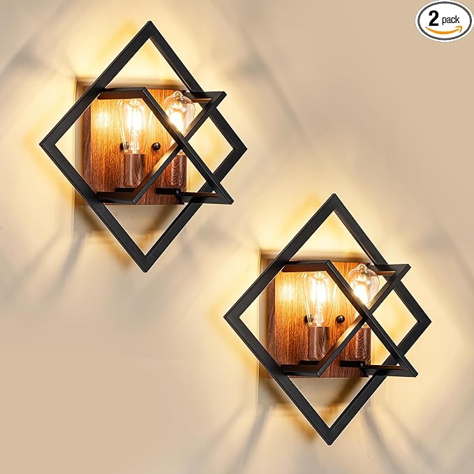 Farmhouse Wall Sconce, Black Wood, 2-Pack | Rustic Indoor Wall Light, 17.8 Inch, E26 Base, Hardwired, for Stairway, Living Room, Bedroom, Bathroom