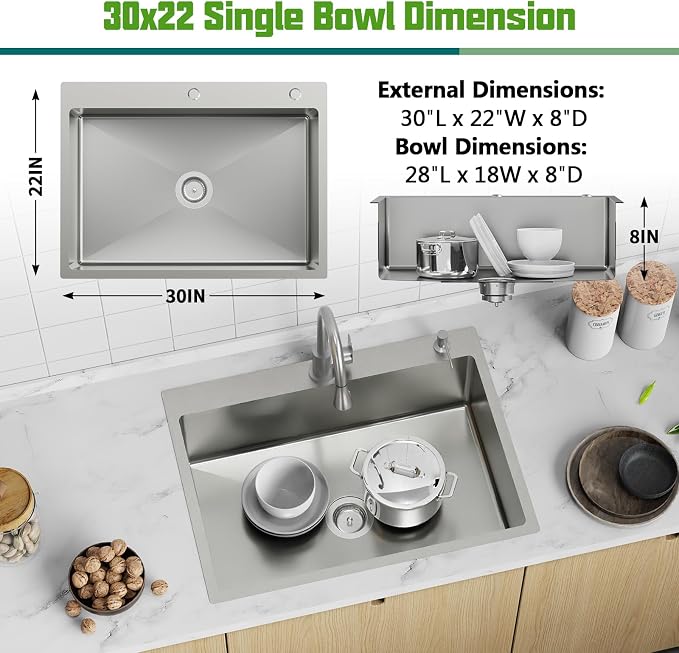 30x22 Inch Stainless Steel Kitchen Sink - Drop In Modern Single Bowl Topmount Kitchen Sink With Silicon Mat,Drain Strainer Set Offering Large Basin And Compatibility With Various Kitchen&Bar Style