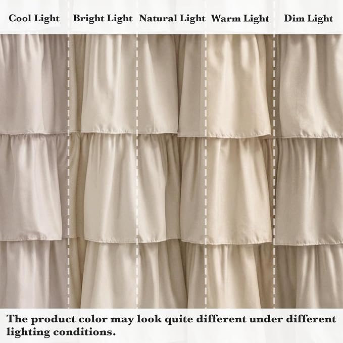 Seasonwood Small Beige Ruffle Shower Curtain Natural Farmhouse, 72"x72" | Cascading full-length fabric tiers, soft dimensional texture, vintage shabby chic styling for decorative bathroom updates