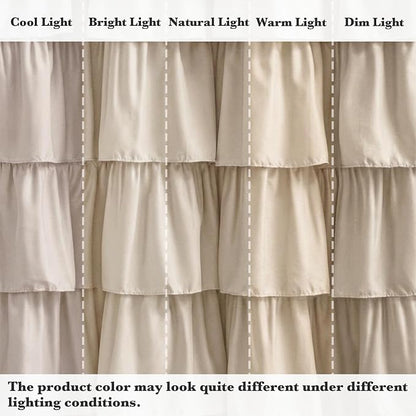 Seasonwood Small Beige Ruffle Shower Curtain Natural Farmhouse, 72"x72" | Cascading full-length fabric tiers, soft dimensional texture, vintage shabby chic styling for decorative bathroom updates