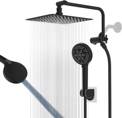 10" Metal Rainfall Shower Head with 10-Mode Handheld, Matte Black | NSF/ANSI/CAN 372 Certified, High Pressure Showerhead Combo with 11" Adjustable Shower Arm, 71" Hose, Shower Head Holder