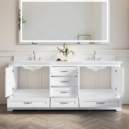 WELLFOR 80 Inch Bathroom Vanity with Double Sinks, Solid Wood Bathroom Vanity W/4 Soft-Close Doors and 6 Drawers, Cultured Marble Countertop Bathroom Vanities W/Sinks, White
