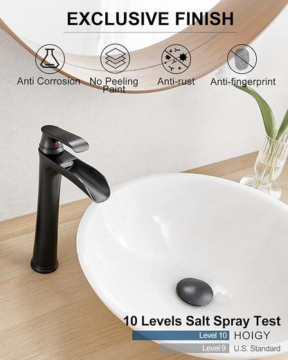 Waterfall Bathroom Sink Faucet, Brass Tall Black Bathroom Faucet Single Handle Vessel Faucet, Bathroom Faucets One Hole Mixer Bowl Tap with Pop-Up Drain Water Hoses for Vanity Lavatory Farmhouse