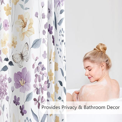 Long Shower Curtain 72 x 78 Inch, Tall Purple Yellow Floral Shower Curtains for Bathroom, Watercolor Flower Butterfly Fabric Shower Curtain Set with Hooks, Lavender Purple