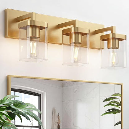 Bathroom Lighting Fixtures Over Mirror, Square Design & Rectangle Large Backplate, 3 Lights Modern Vanity Lighting Fixtures, Bathroom Light Fixtures for Bathroom/Living Room/Bedroom, Gold
