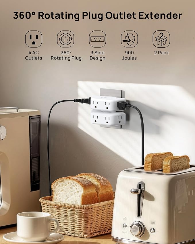 TROND 360 Rotating Plug Outlet Extender 2 Pack, Surge Protector Outlet with 4 Grounded Sockets, 3 Way Angled Plug Expander, 900J, Multiple Wall Adapter for Bathroom Kitchen Bedroom, White