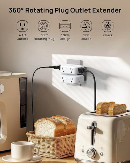 TROND 360 Rotating Plug Outlet Extender 2 Pack, Surge Protector Outlet with 4 Grounded Sockets, 3 Way Angled Plug Expander, 900J, Multiple Wall Adapter for Bathroom Kitchen Bedroom, White
