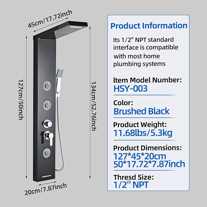 6 in1 Multi-Function Shower Panel Tower System-Brushed Black | 304 stainless steel Shower Panel Column Tower with Powerful Body Massage, Rainfall, Waterfall,Handheld and Tub Spout