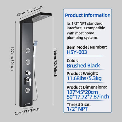 6 in1 Multi-Function Shower Panel Tower System-Brushed Black | 304 stainless steel Shower Panel Column Tower with Powerful Body Massage, Rainfall, Waterfall,Handheld and Tub Spout