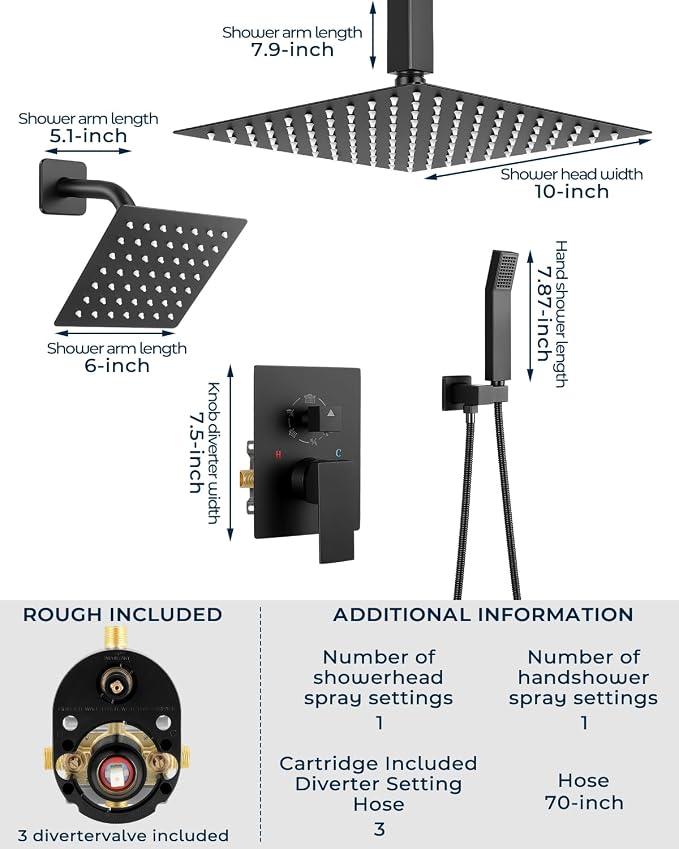 Rain Shower Faucet Set, 10" Top + 6" Side Head, Matte Black | 3-head set w/ valve, SUS304 anti-freeze, 6 spray modes, self-clean nozzles