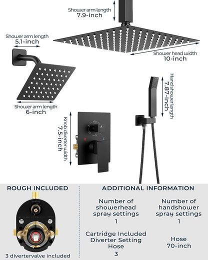 Rain Shower Faucet Set, 10" Top + 6" Side Head, Matte Black | 3-head set w/ valve, SUS304 anti-freeze, 6 spray modes, self-clean nozzles