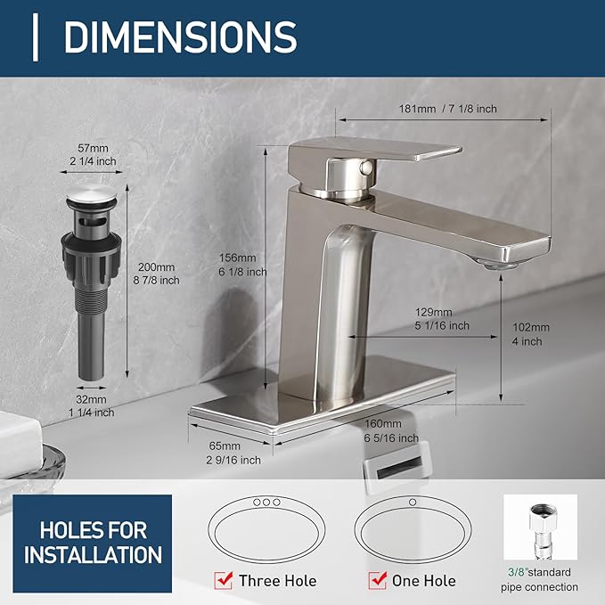 Bathroom Faucets Brushed Nickel 1 Hole Single Handle Bathroom Vanity Sink Faucet with Pop-up Drain and Faucet Supply Lines Rv Lavatory Vessel Faucet Basin Mixer Tap