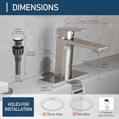 Bathroom Faucets Brushed Nickel 1 Hole Single Handle Bathroom Vanity Sink Faucet with Pop-up Drain and Faucet Supply Lines Rv Lavatory Vessel Faucet Basin Mixer Tap
